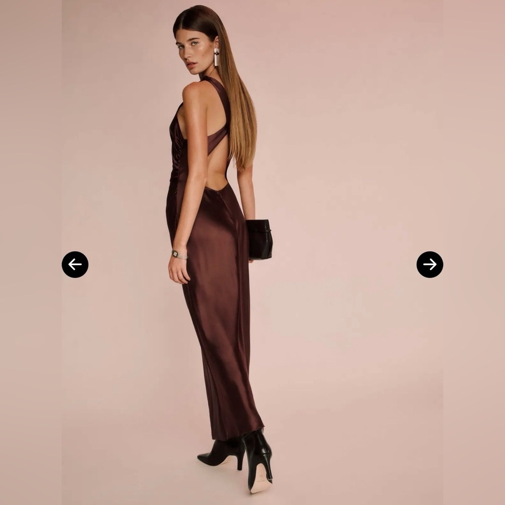 NWT $348 REFORMATION Casette Silk Midi Dress | Cowl-Neck, Ruching - Mahogany 12